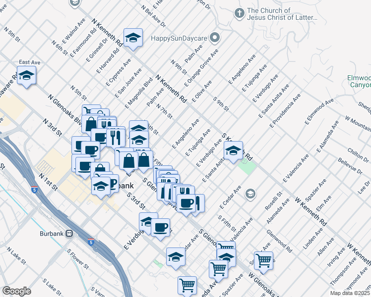 map of restaurants, bars, coffee shops, grocery stores, and more near 617 East Tujunga Avenue in Burbank