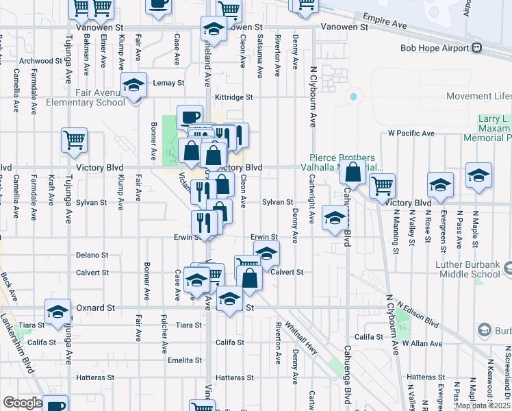 map of restaurants, bars, coffee shops, grocery stores, and more near 6302 Cleon Avenue in Los Angeles