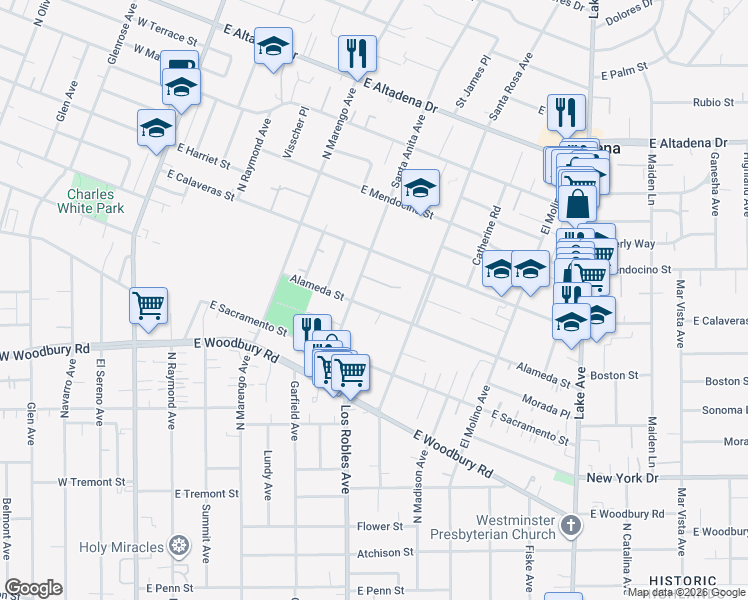 map of restaurants, bars, coffee shops, grocery stores, and more near 471 Alameda Street in Altadena