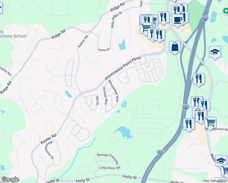 map of restaurants, bars, coffee shops, grocery stores, and more near 118 Nacoochee Way in Canton