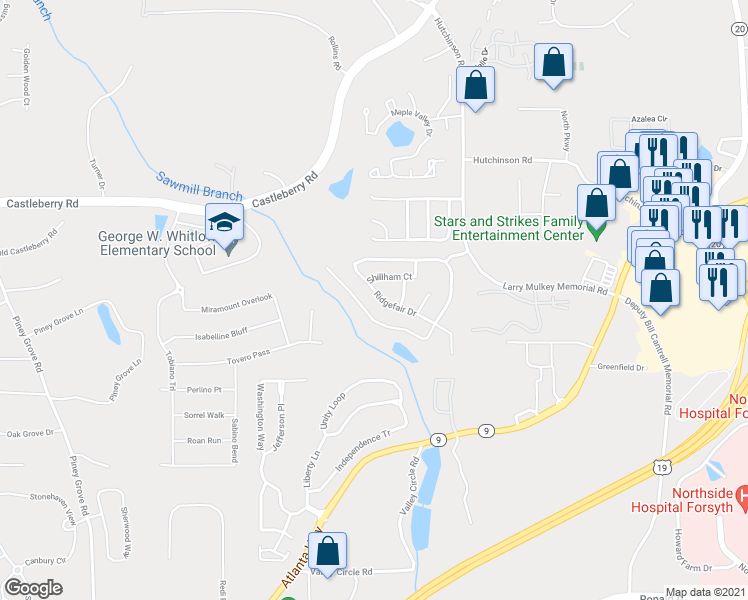 map of restaurants, bars, coffee shops, grocery stores, and more near 4360 Ridgefair Drive in Cumming