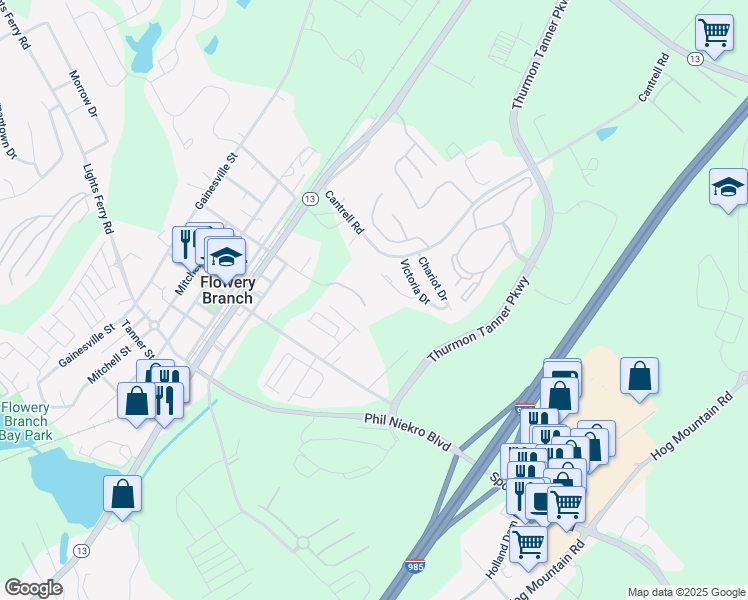 map of restaurants, bars, coffee shops, grocery stores, and more near 5161 Spring Street in Flowery Branch
