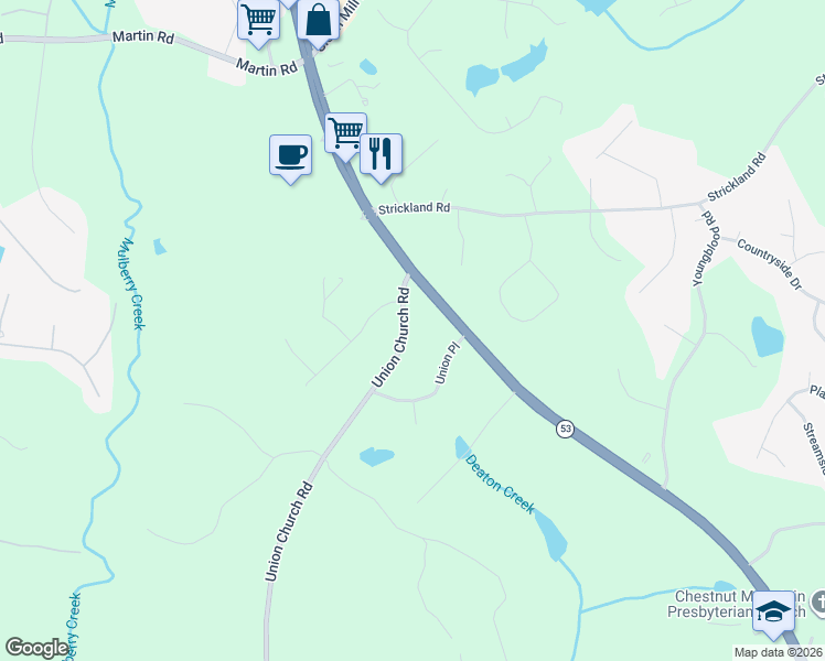 map of restaurants, bars, coffee shops, grocery stores, and more near 4433 Union Church Road in Flowery Branch