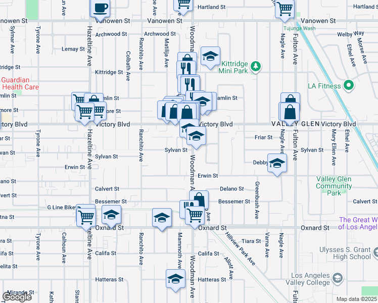map of restaurants, bars, coffee shops, grocery stores, and more near 6255 Woodman Avenue in Los Angeles