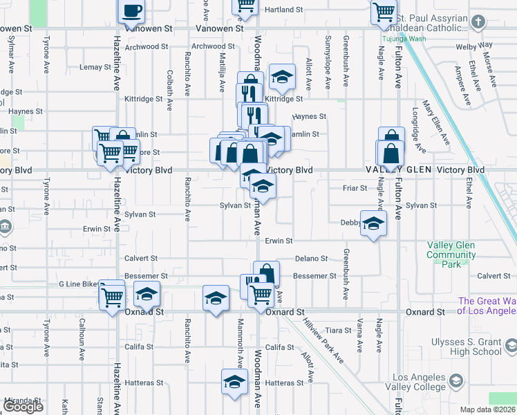 map of restaurants, bars, coffee shops, grocery stores, and more near 6308 Woodman Avenue in Los Angeles