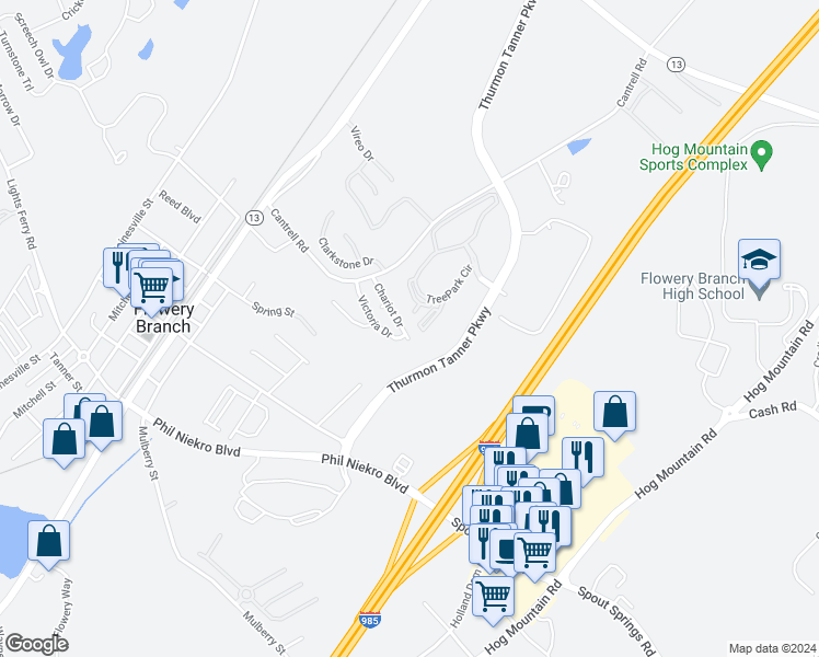 map of restaurants, bars, coffee shops, grocery stores, and more near 4769 Chariot Drive in Flowery Branch