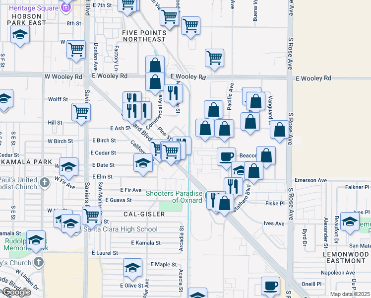 map of restaurants, bars, coffee shops, grocery stores, and more near 1622 Pine Street in Oxnard