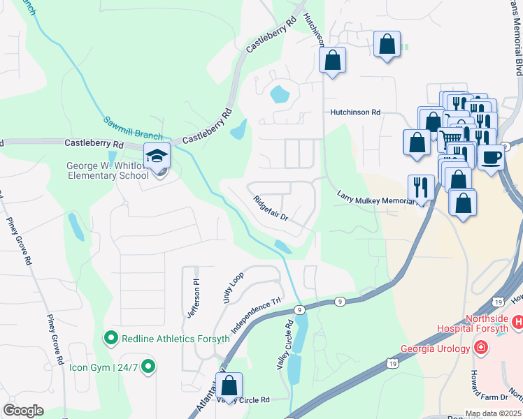 map of restaurants, bars, coffee shops, grocery stores, and more near 4345 Ridgefair Drive in Cumming