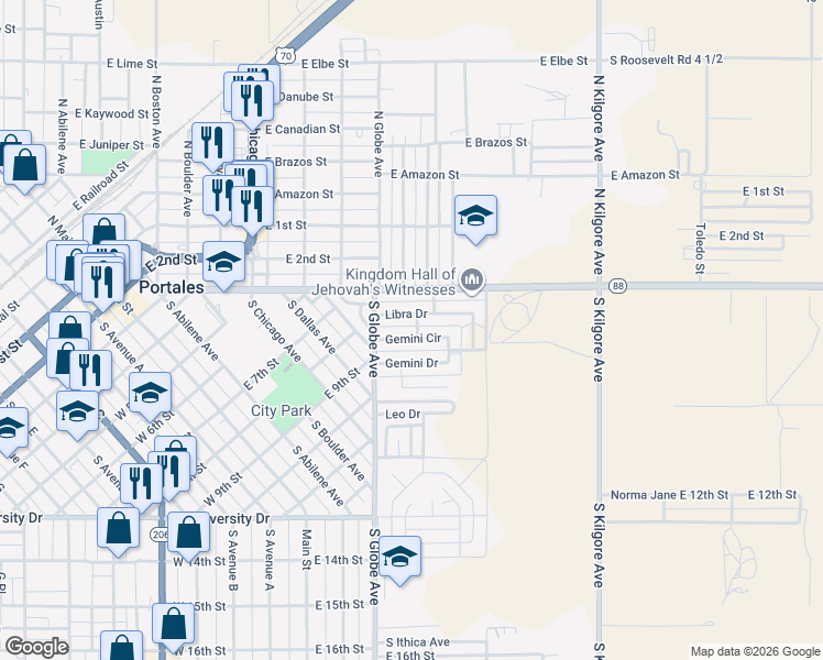 map of restaurants, bars, coffee shops, grocery stores, and more near 1201 Gemini Circle in Portales
