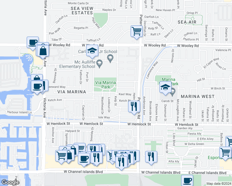 map of restaurants, bars, coffee shops, grocery stores, and more near 3651 Keel Way in Oxnard