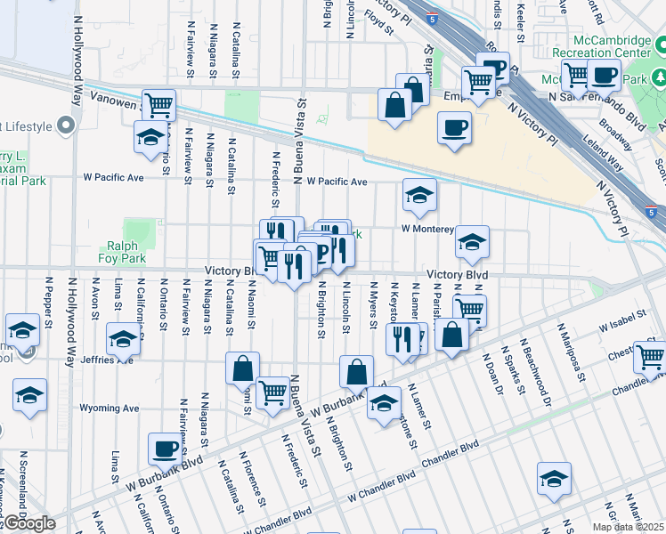 map of restaurants, bars, coffee shops, grocery stores, and more near 2313 West Victory Boulevard in Burbank