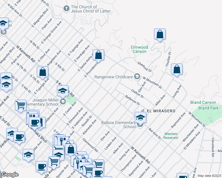 map of restaurants, bars, coffee shops, grocery stores, and more near 2054 Chilton Drive in Glendale