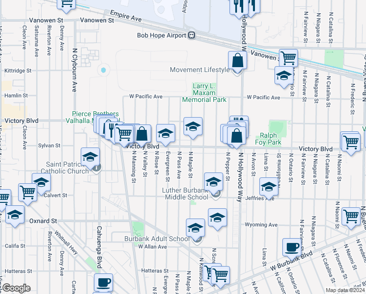 map of restaurants, bars, coffee shops, grocery stores, and more near 3716 West Victory Boulevard in Burbank