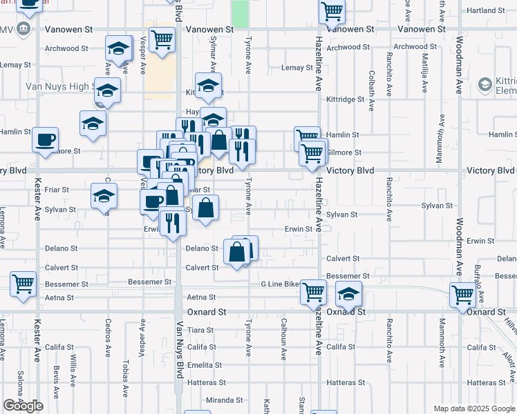 map of restaurants, bars, coffee shops, grocery stores, and more near 14247 Sylvan Street in Los Angeles
