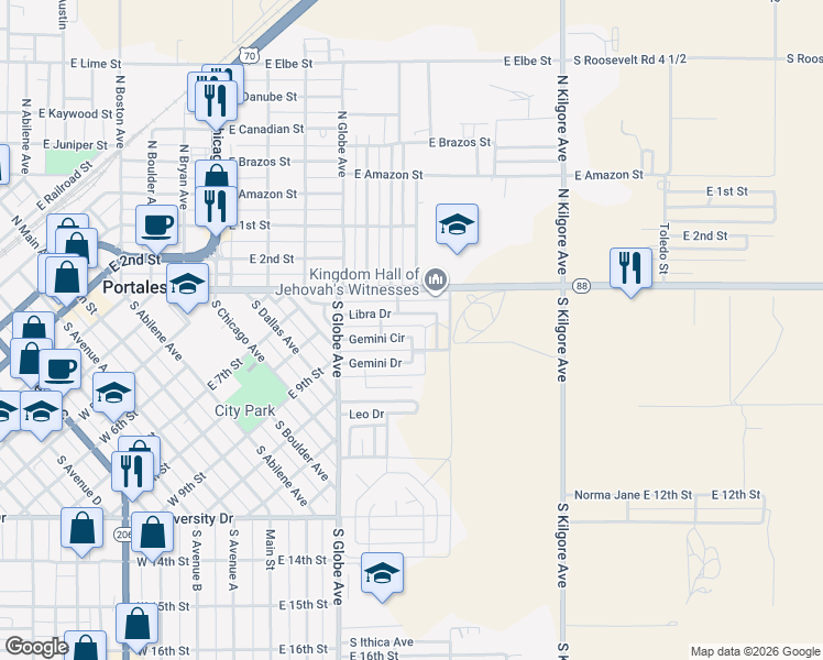 map of restaurants, bars, coffee shops, grocery stores, and more near 1228 Libra Drive in Portales