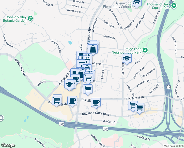 map of restaurants, bars, coffee shops, grocery stores, and more near 468 Pennsfield Place in Thousand Oaks