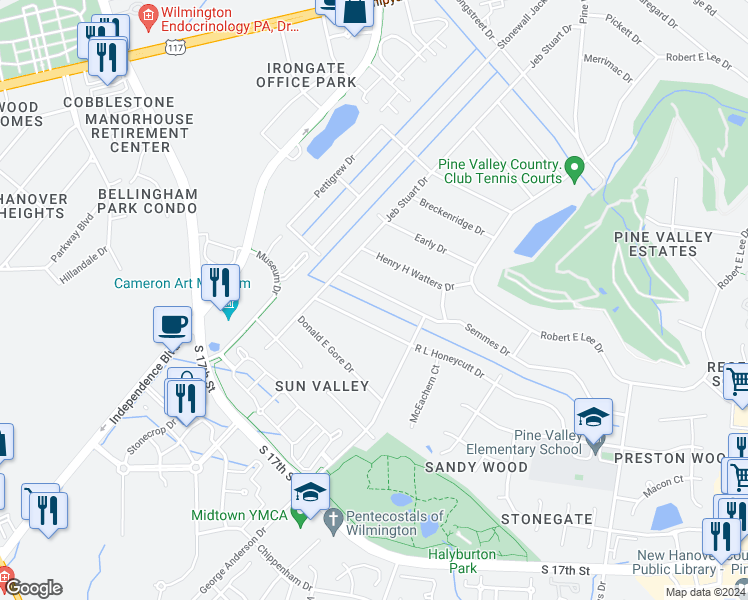 map of restaurants, bars, coffee shops, grocery stores, and more near 322 Semmes Drive in Wilmington