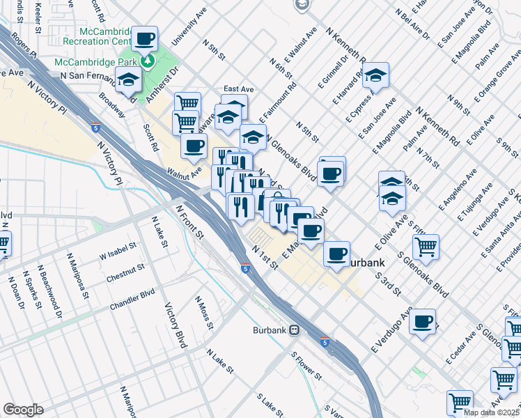 map of restaurants, bars, coffee shops, grocery stores, and more near 150 North 3rd Street in Burbank