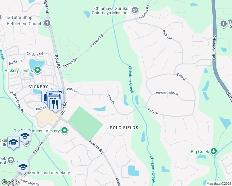 map of restaurants, bars, coffee shops, grocery stores, and more near 6095 Paddock Lane in Cumming