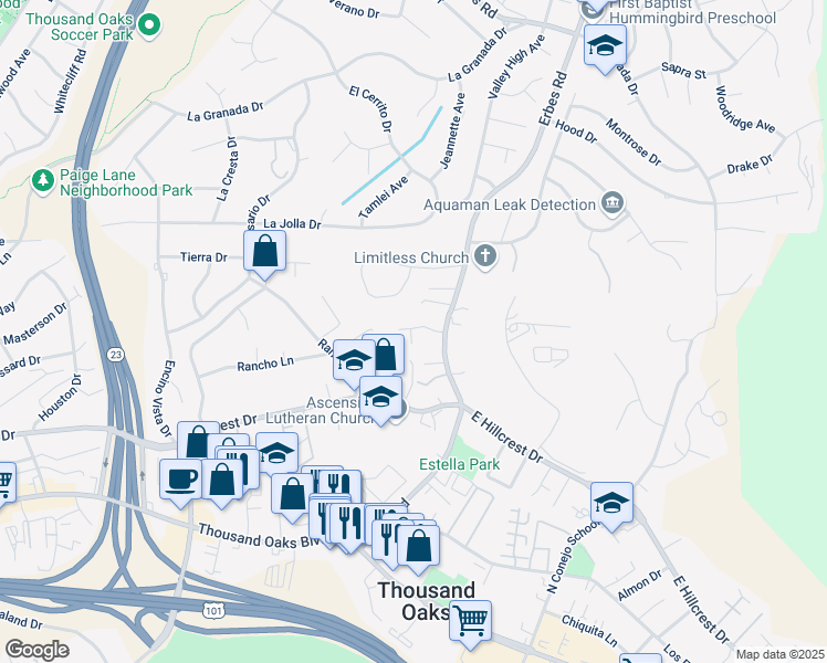 map of restaurants, bars, coffee shops, grocery stores, and more near 1652 Cross Bridge Place in Thousand Oaks
