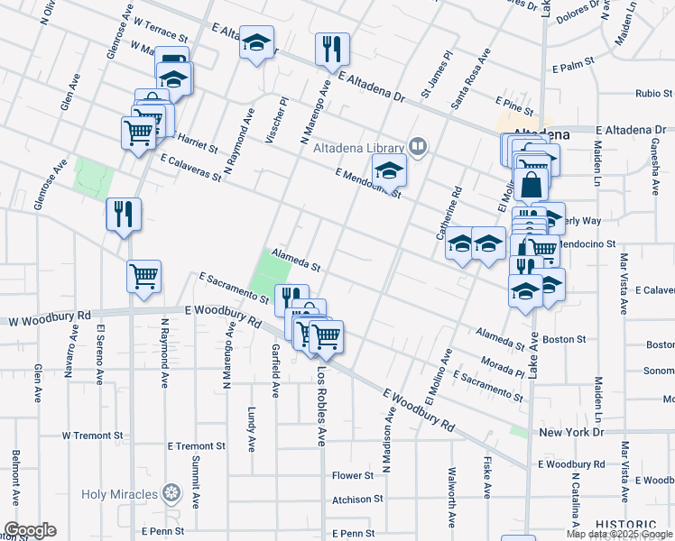 map of restaurants, bars, coffee shops, grocery stores, and more near 2299 Santa Anita Avenue in Altadena