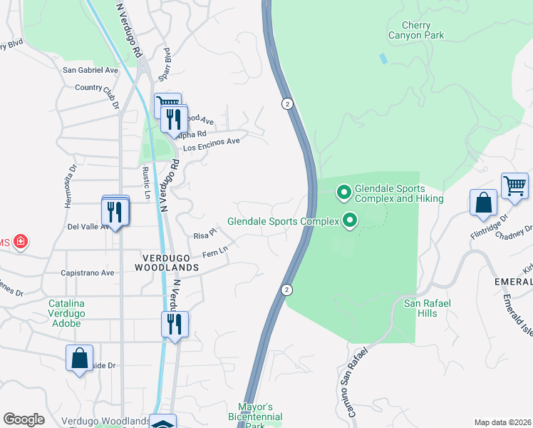 map of restaurants, bars, coffee shops, grocery stores, and more near 2526 Allanjay Place in Glendale