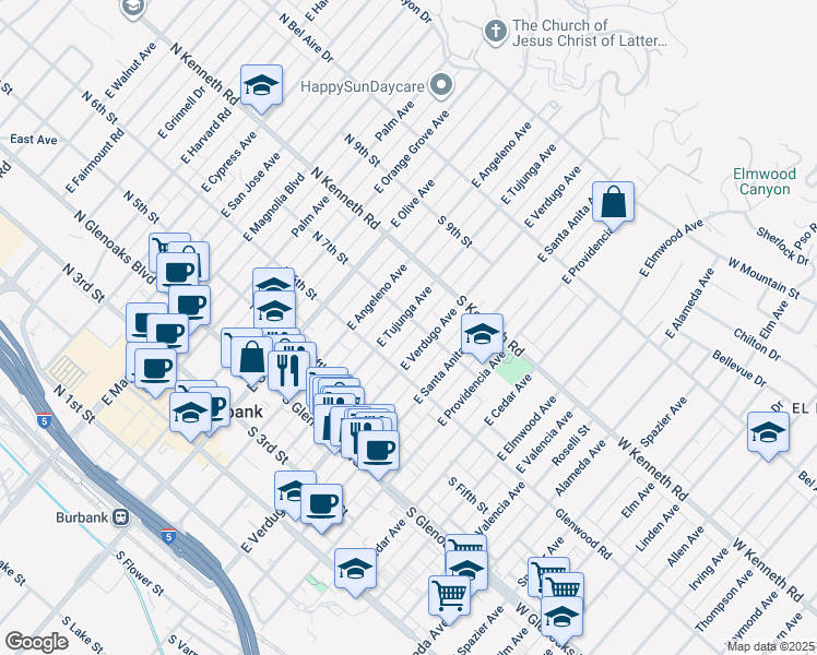 map of restaurants, bars, coffee shops, grocery stores, and more near 638 East Tujunga Avenue in Burbank