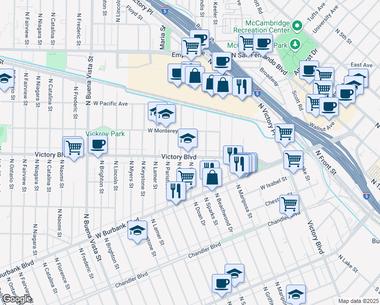 map of restaurants, bars, coffee shops, grocery stores, and more near 1210 North Reese Place in Burbank