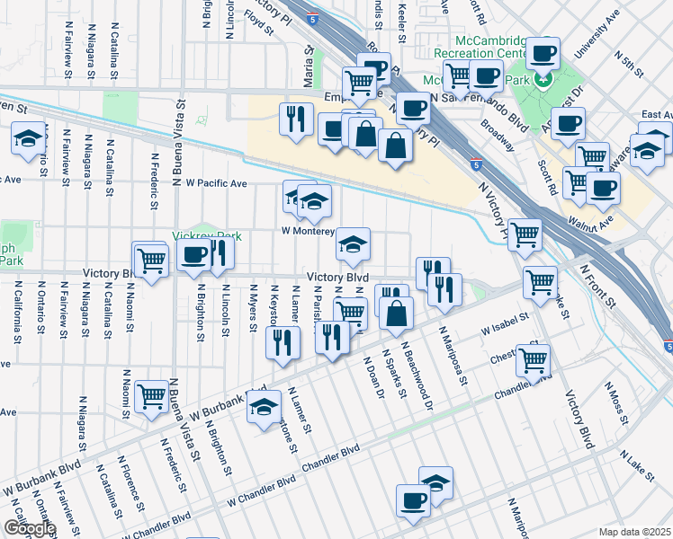 map of restaurants, bars, coffee shops, grocery stores, and more near 1213 North Orchard Drive in Burbank