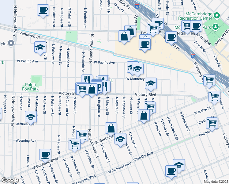 map of restaurants, bars, coffee shops, grocery stores, and more near 1417 North Myers Street in Burbank