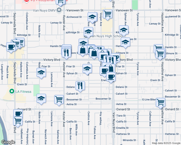 map of restaurants, bars, coffee shops, grocery stores, and more near 14707 Sylvan Street in Los Angeles