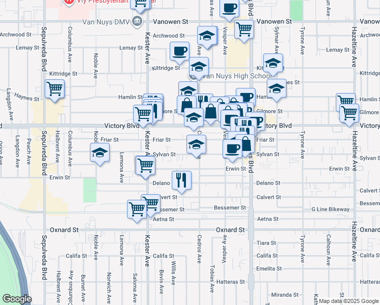 map of restaurants, bars, coffee shops, grocery stores, and more near 14707 Sylvan Street in Los Angeles