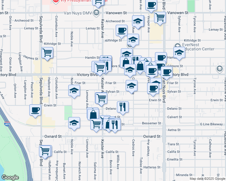 map of restaurants, bars, coffee shops, grocery stores, and more near 14829 Sylvan Street in Los Angeles