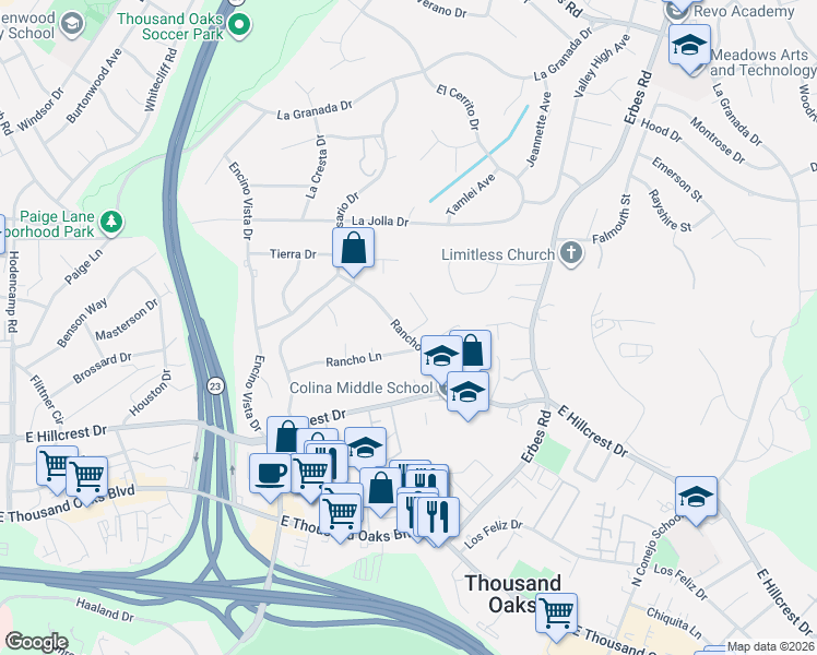 map of restaurants, bars, coffee shops, grocery stores, and more near 863 Rancho Road in Thousand Oaks