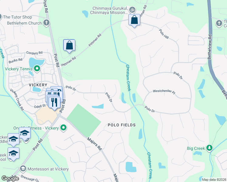 map of restaurants, bars, coffee shops, grocery stores, and more near 6095 Paddock Lane in Cumming