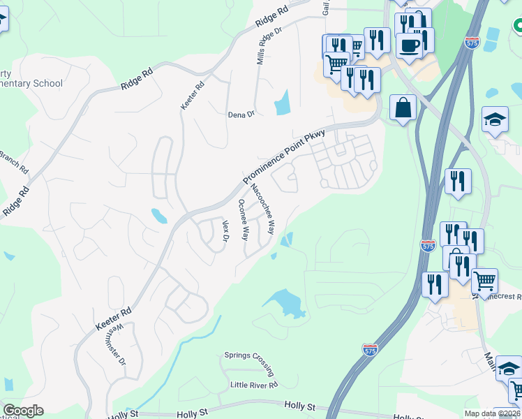 map of restaurants, bars, coffee shops, grocery stores, and more near 116 Nacoochee Way in Canton