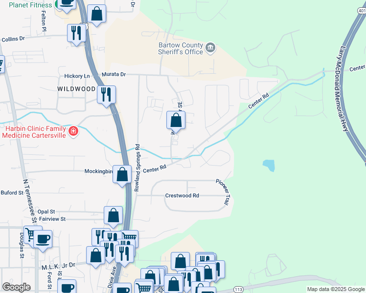 map of restaurants, bars, coffee shops, grocery stores, and more near 73 Center Road Southeast in Cartersville
