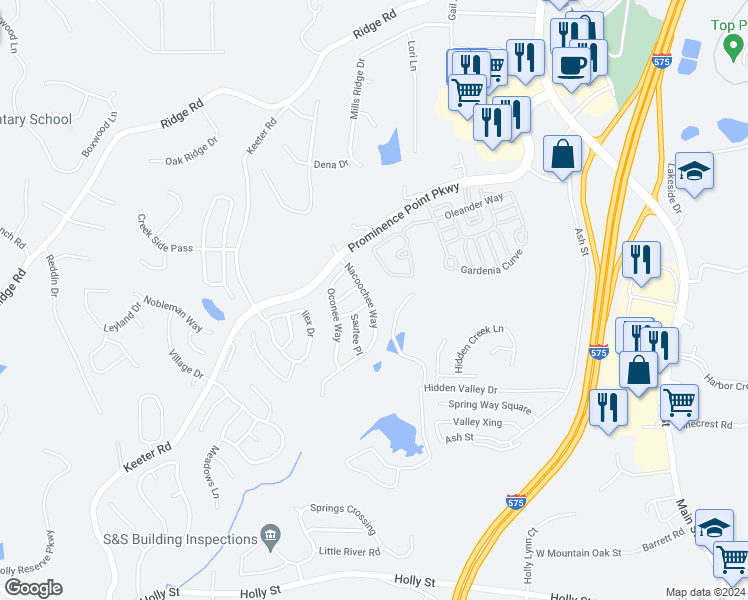 map of restaurants, bars, coffee shops, grocery stores, and more near 131 Nacoochee Way in Canton