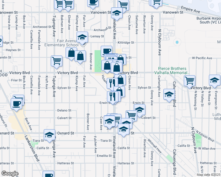 map of restaurants, bars, coffee shops, grocery stores, and more near 6263 Vineland Avenue in North Hollywood