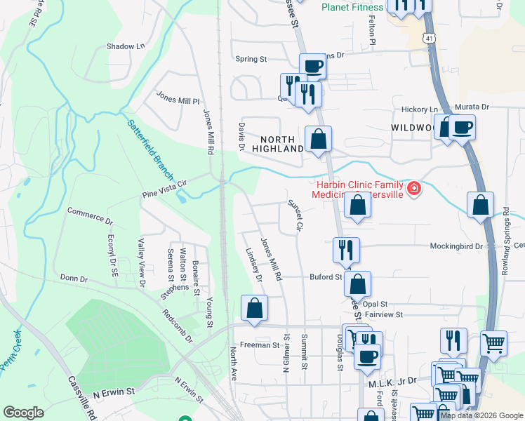 map of restaurants, bars, coffee shops, grocery stores, and more near 6 Clover Lane in Cartersville