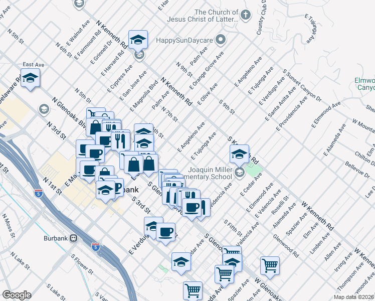 map of restaurants, bars, coffee shops, grocery stores, and more near 610 East Angeleno Avenue in Burbank