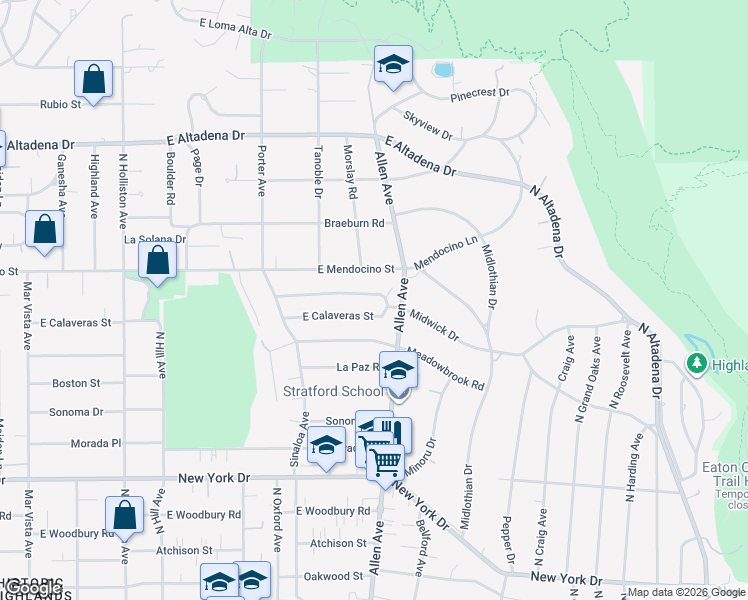 map of restaurants, bars, coffee shops, grocery stores, and more near 1816 Midwick Drive in Altadena