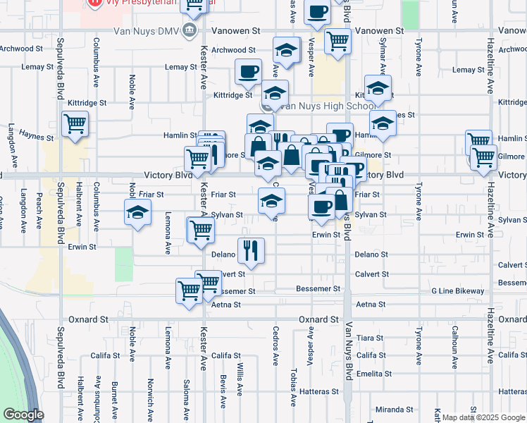 map of restaurants, bars, coffee shops, grocery stores, and more near 14707 Sylvan Street in Los Angeles
