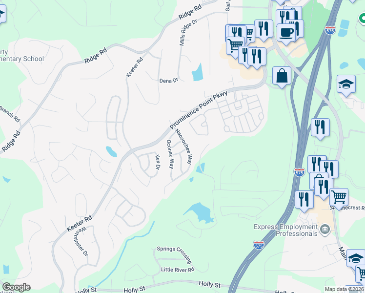 map of restaurants, bars, coffee shops, grocery stores, and more near 116 Nacoochee Way in Canton
