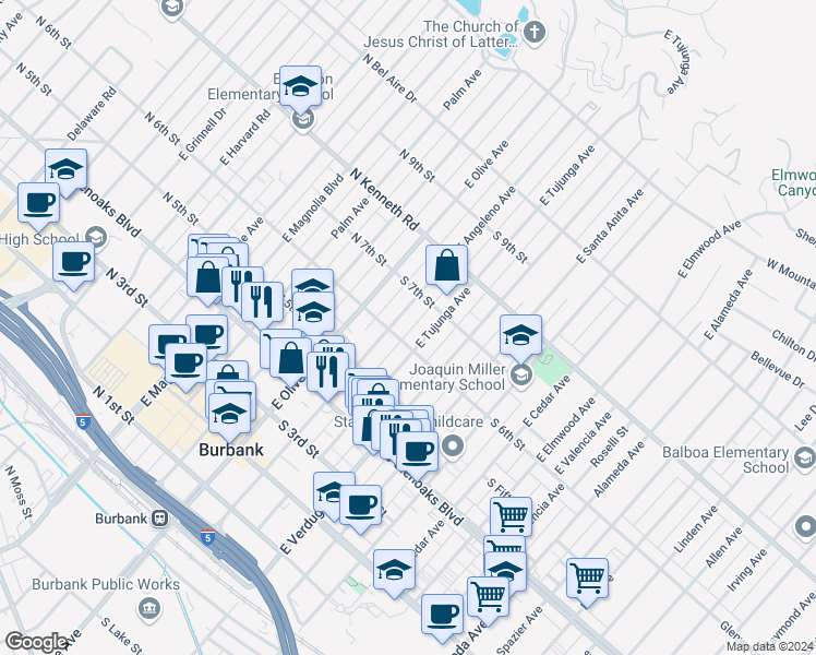 map of restaurants, bars, coffee shops, grocery stores, and more near 610 East Angeleno Avenue in Burbank