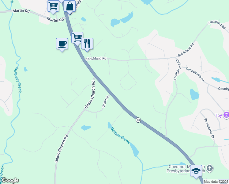 map of restaurants, bars, coffee shops, grocery stores, and more near 4505 Winder Highway in Flowery Branch