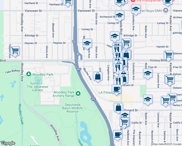 map of restaurants, bars, coffee shops, grocery stores, and more near 15506 Sylvan Street in Los Angeles