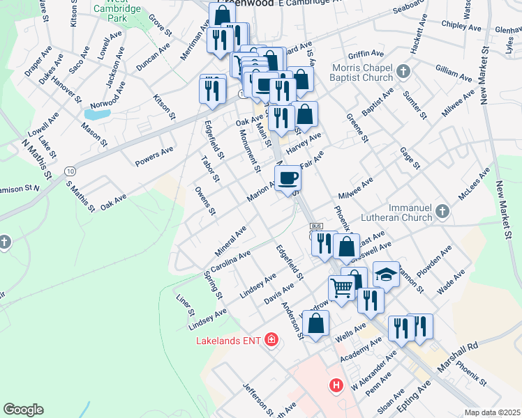 map of restaurants, bars, coffee shops, grocery stores, and more near 807 Edgefield Street in Greenwood