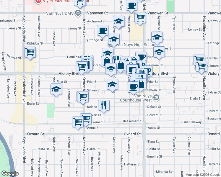 map of restaurants, bars, coffee shops, grocery stores, and more near Sylvan Street in Los Angeles