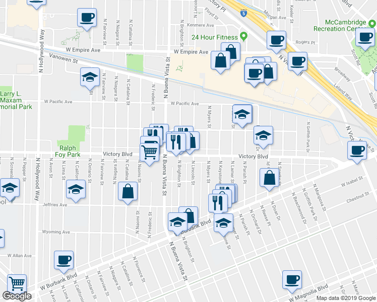 map of restaurants, bars, coffee shops, grocery stores, and more near 2307 West Victory Boulevard in Burbank